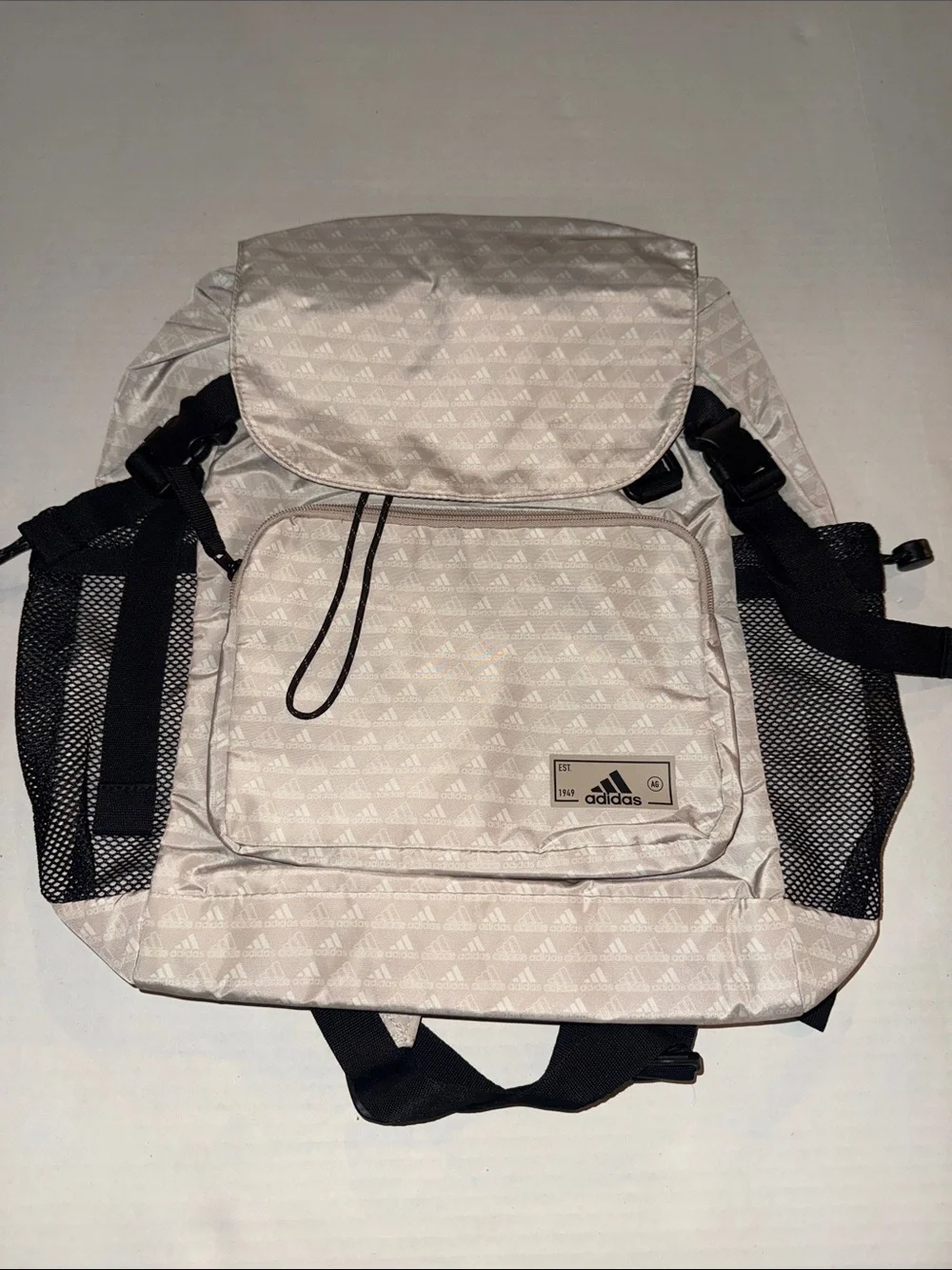 adidas Cream Logo-Print Backpack with Black Mesh Accents